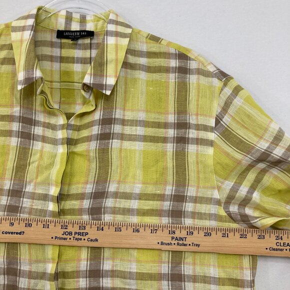 Lafayette 148 Large Parrot Green 100% Linen Plaid Relax Sabira Button Up Preppy - Picture 7 of 11
